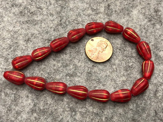 Matte Cherry Red Opal Melon Drops with Gold Wash Czech Glass Beads