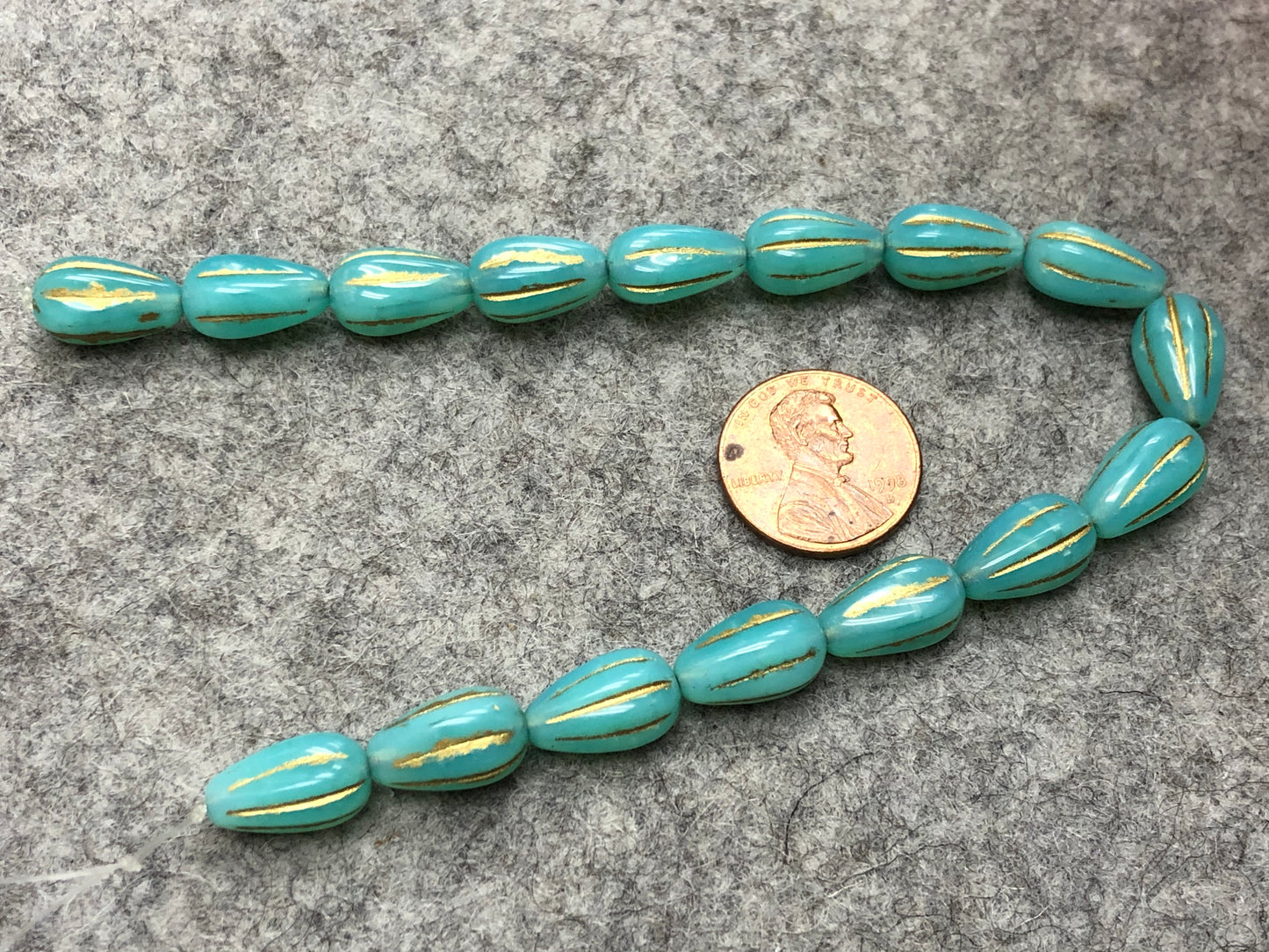 Turquoise Opal Melon Drops with Gold Wash Pressed Czech Glass Beads