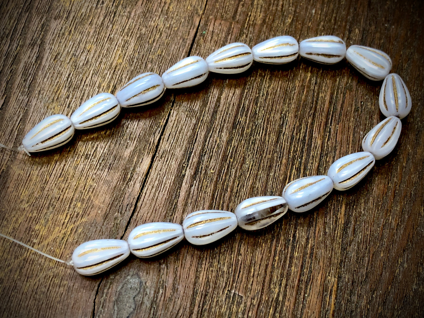 White Opal Melon Drops with Bronze Wash Pressed Czech Glass Beads