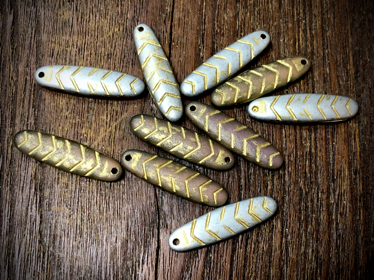 Frosted Honey Back Glow with Metallic Gold Wash Glass Chevron Dagger Czech Glass Beads