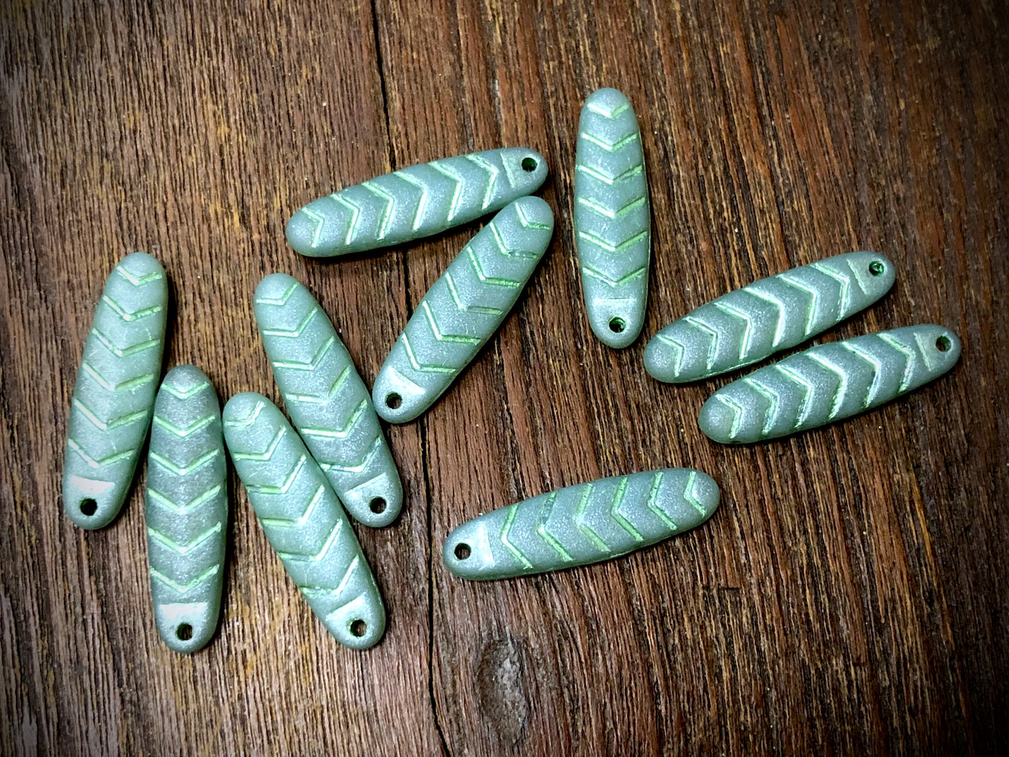 Frosted Milky Opal Luster Lt Green with Metallic Mint Wash Chevron Dagger Czech Glass Beads