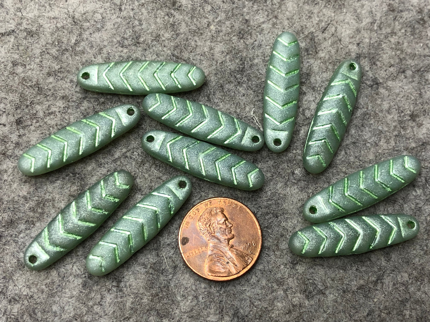 Frosted Milky Opal Luster Lt Green with Metallic Mint Wash Chevron Dagger Czech Glass Beads