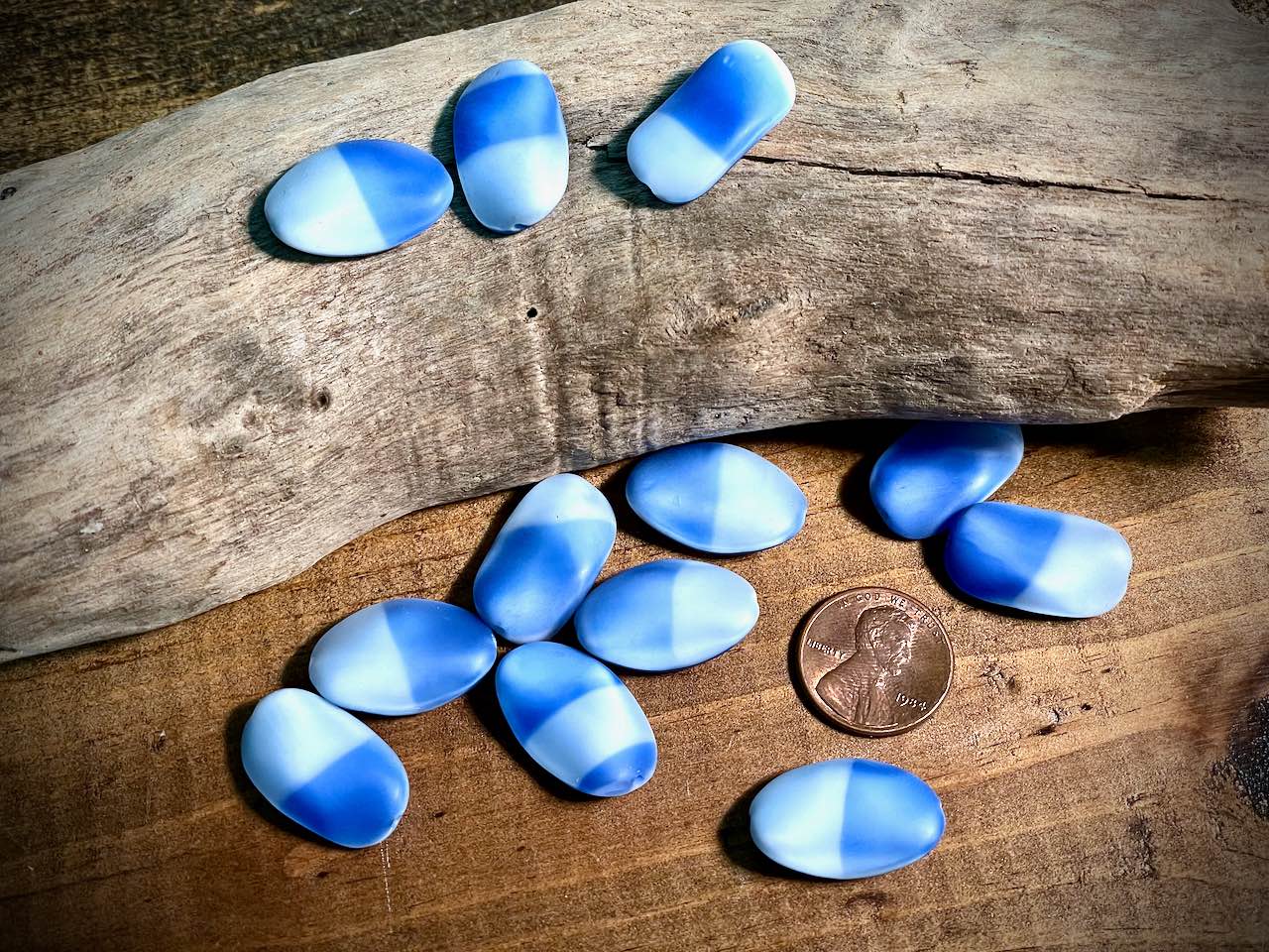 Vintage Austrian Glass—Blue with Light Blue Flat Nugget Glass Bead—22mm x 14mm