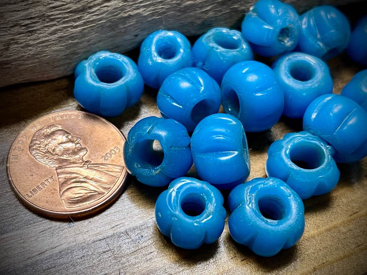Blue Melon/Fluted Rondelle African Glass Trade Bead—8mm x 11mm