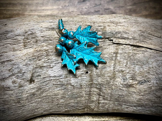 Patinated Bronze Holly Leaves and Berry Pendant/Connector