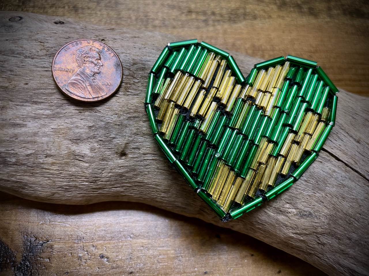 Heart Appliqué - Beaded - Small - Green/Gold