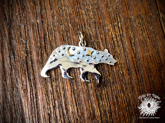 Sterling Silver Bear with Mountains and Bronze Star and Moon Charm